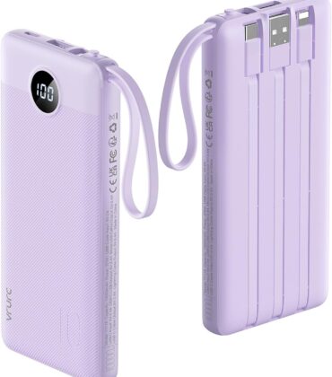 VRURC Portable Charger Power Bank, USB C Battery Pack 10000mAh, Flight-Safe Travel Essentials, 5 Outputs 2 Inputs Slim Phone Charging Bank Built-in Cables for Multi Devices-Lavender(1 Pack)